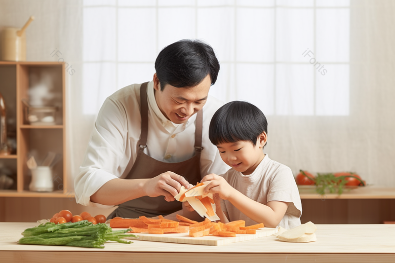快乐温馨的家庭父亲教孩子切菜开心互动实拍图,高清,摄影图,摄影图片,图片大全,摄影图免费下载